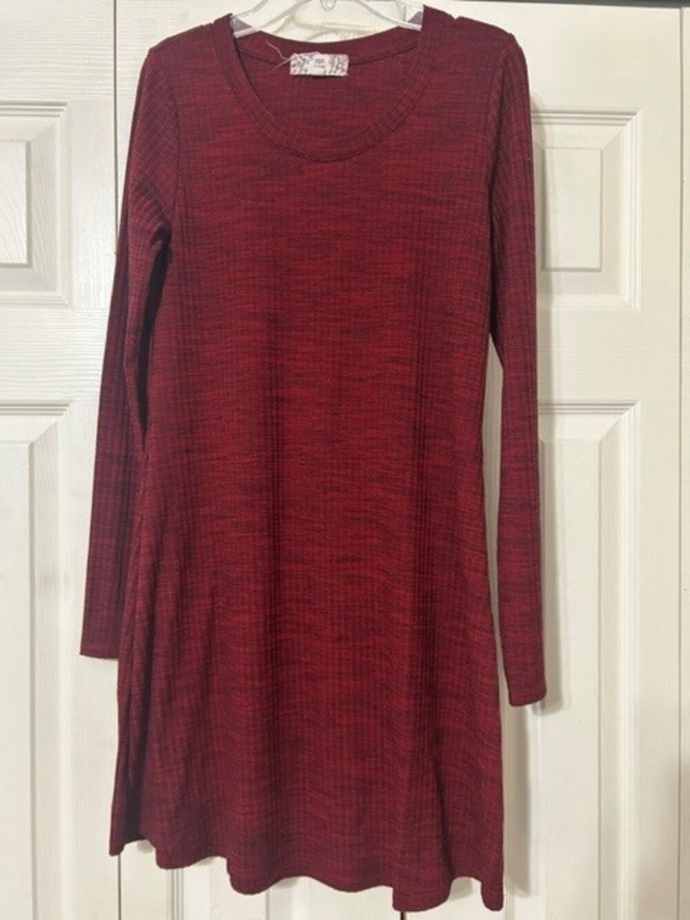 Pink Rose long sleeve cotton knit dress in a dark red and black. (S)